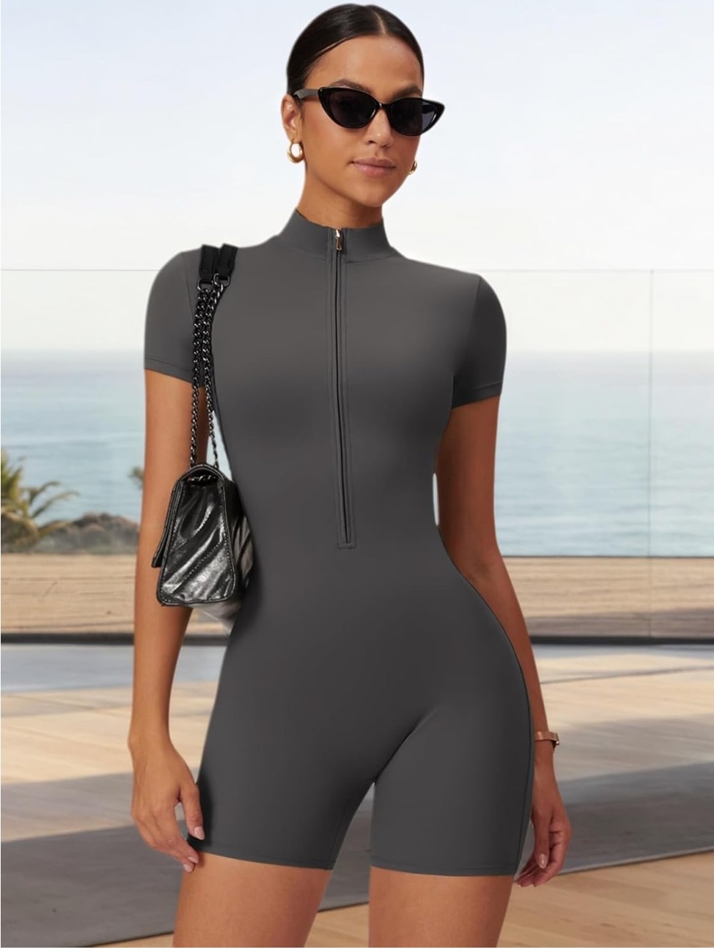 Workout Jumpsuits One Piece Zip Up Gym Romper Athletic Yoga Unitard Bodysuit